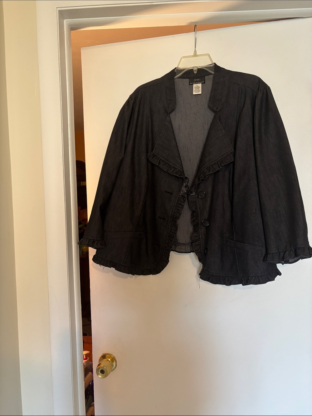 Ruffled Black Denim Jacket for Women - Casual Layering